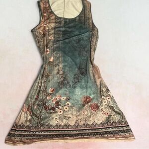 Elegant Floral Sleeveless Dress in Teal and Beige